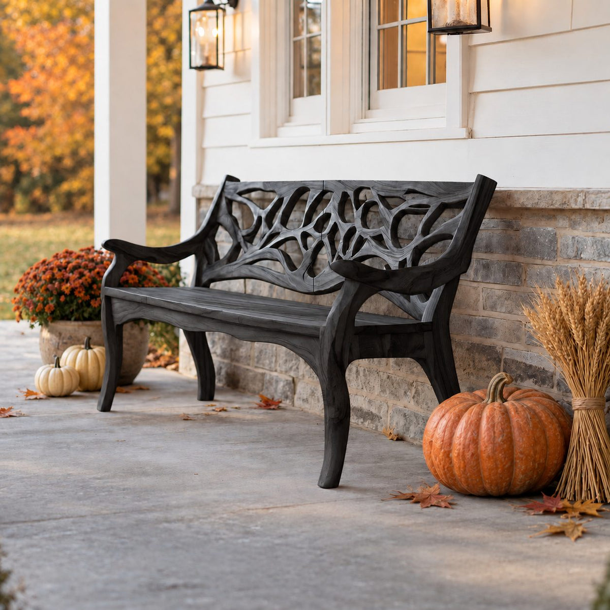 Branch Lattice Back Garden Bench, Carved Solid Wood Porch Bench with Sweeping Arms and Curved Legs