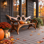 Swept Wing Cutout Back Bench, Sculptural Solid Wood Porch Bench with Flowing Arms and Carved Legs