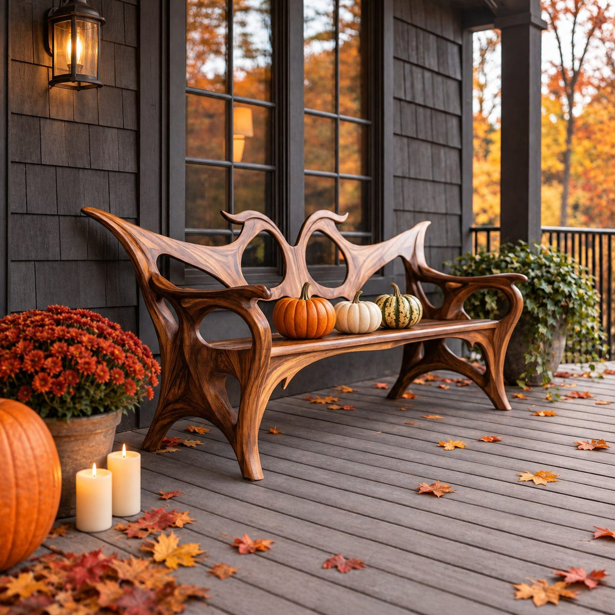 Swept Wing Cutout Back Bench, Sculptural Solid Wood Porch Bench with Flowing Arms and Carved Legs