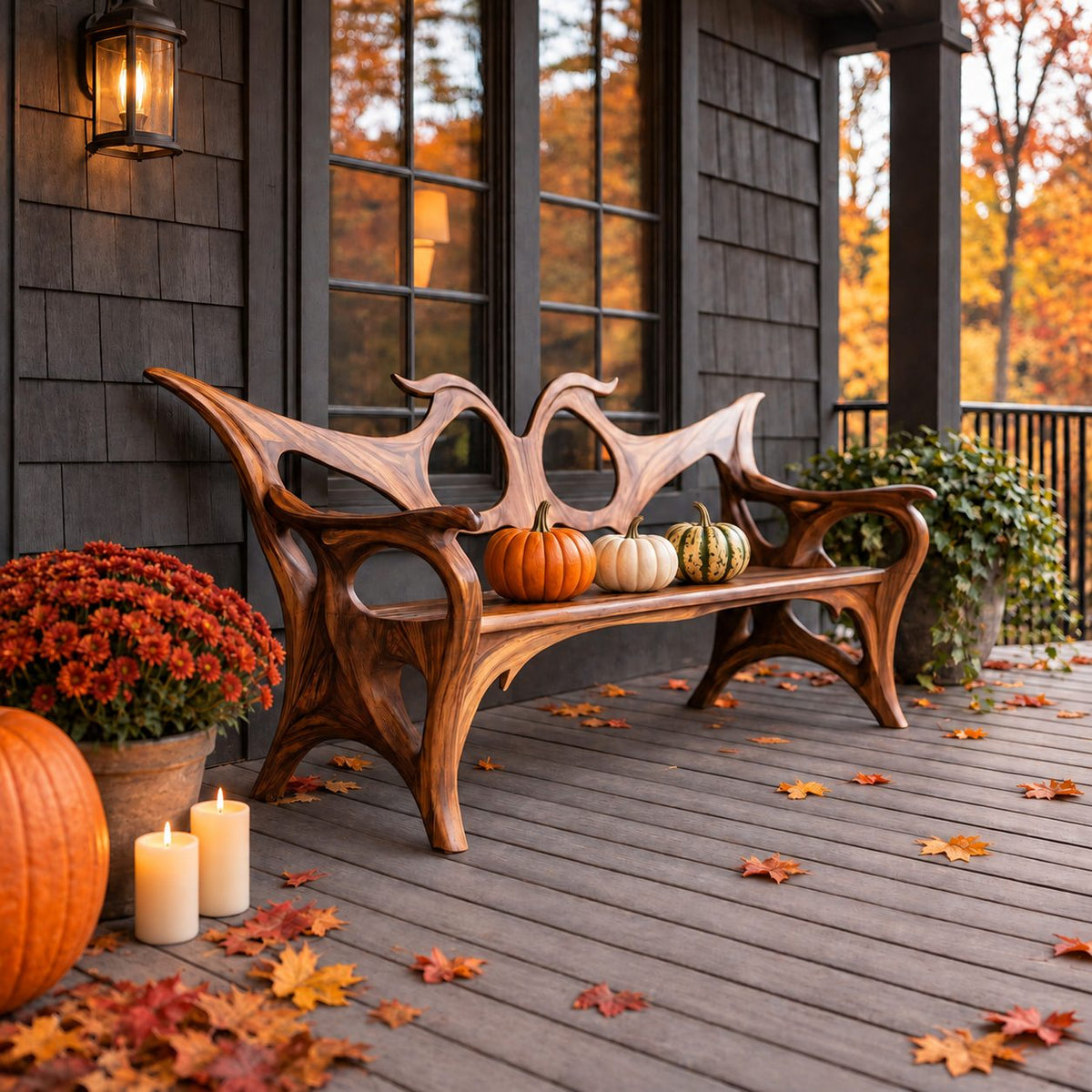 Swept Wing Cutout Back Bench, Sculptural Solid Wood Porch Bench with Flowing Arms and Carved Legs