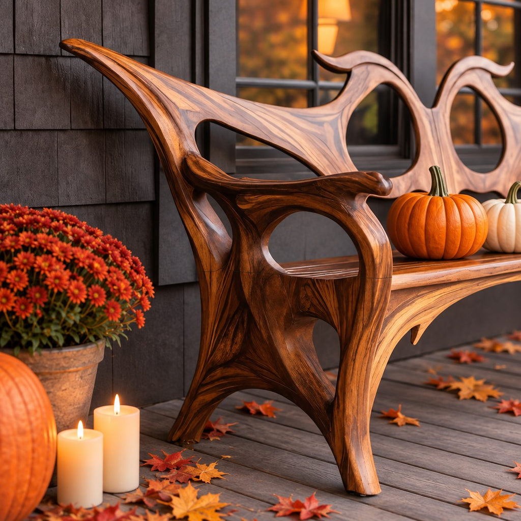 Swept Wing Cutout Back Bench, Sculptural Solid Wood Porch Bench with Flowing Arms and Carved Legs