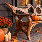 Swept Wing Cutout Back Bench, Sculptural Solid Wood Porch Bench with Flowing Arms and Carved Legs