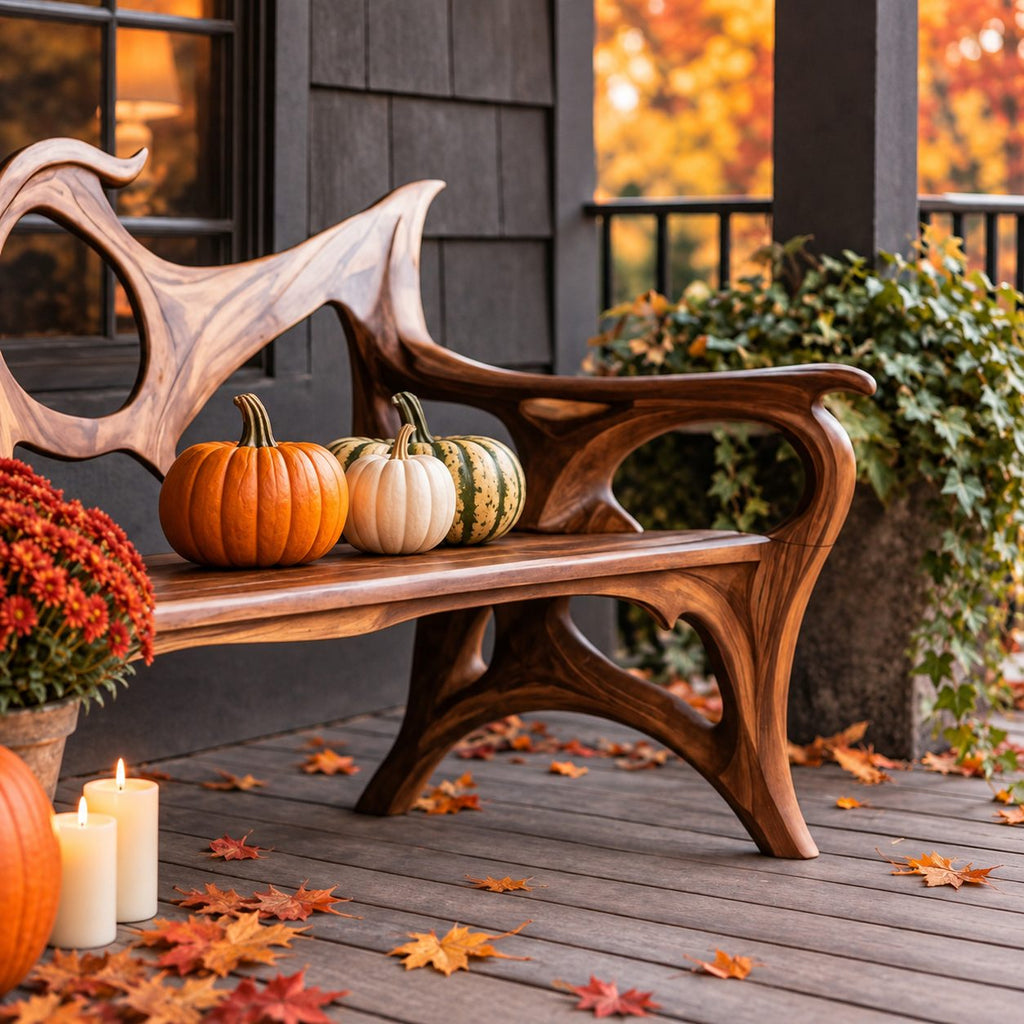 Swept Wing Cutout Back Bench, Sculptural Solid Wood Porch Bench with Flowing Arms and Carved Legs