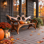 Swept Wing Cutout Back Bench, Sculptural Solid Wood Porch Bench with Flowing Arms and Carved Legs