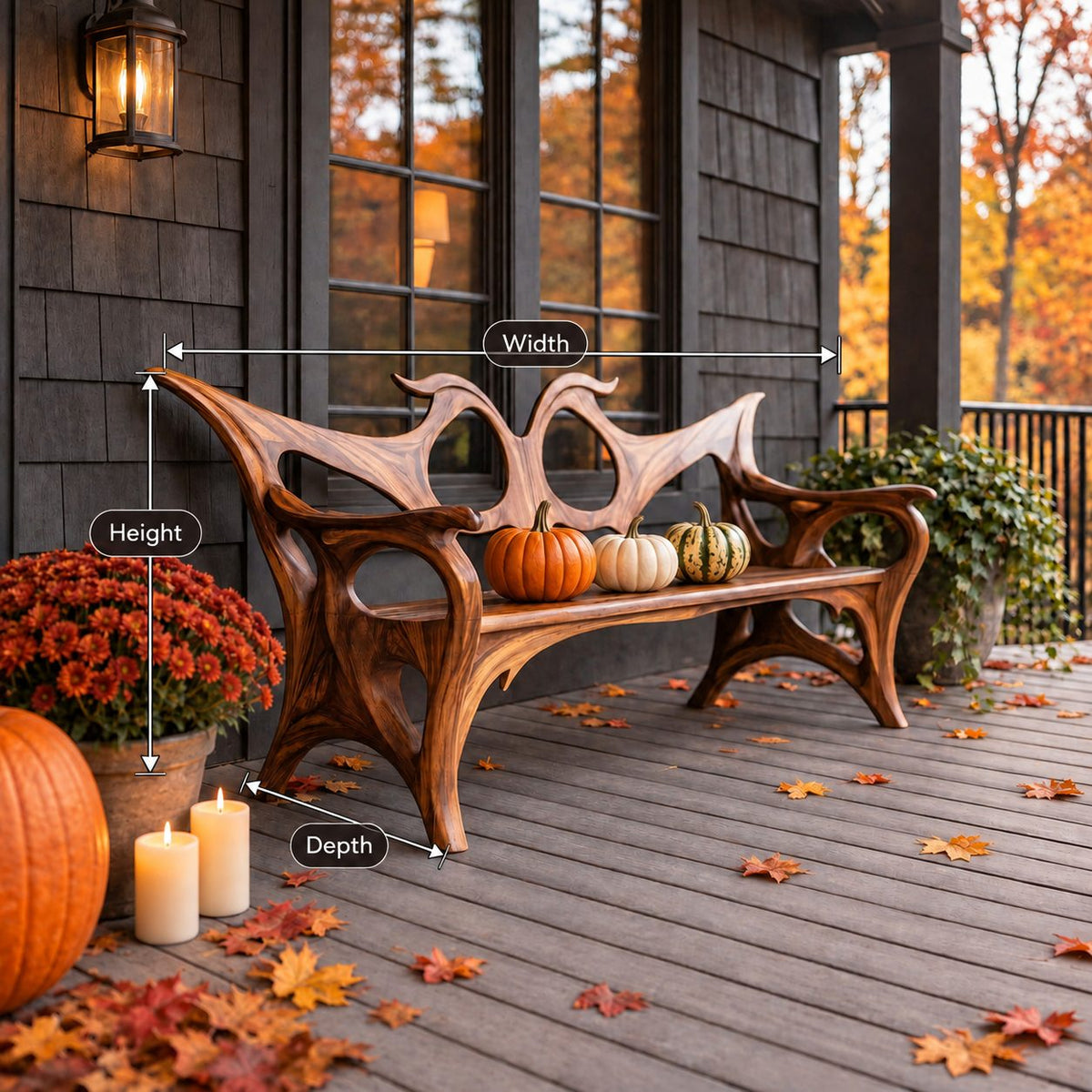 Swept Wing Cutout Back Bench, Sculptural Solid Wood Porch Bench with Flowing Arms and Carved Legs