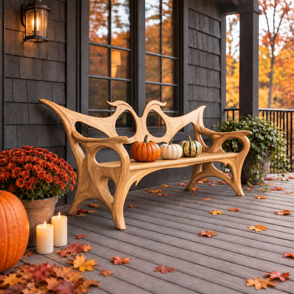 Swept Wing Cutout Back Bench, Sculptural Solid Wood Porch Bench with Flowing Arms and Carved Legs