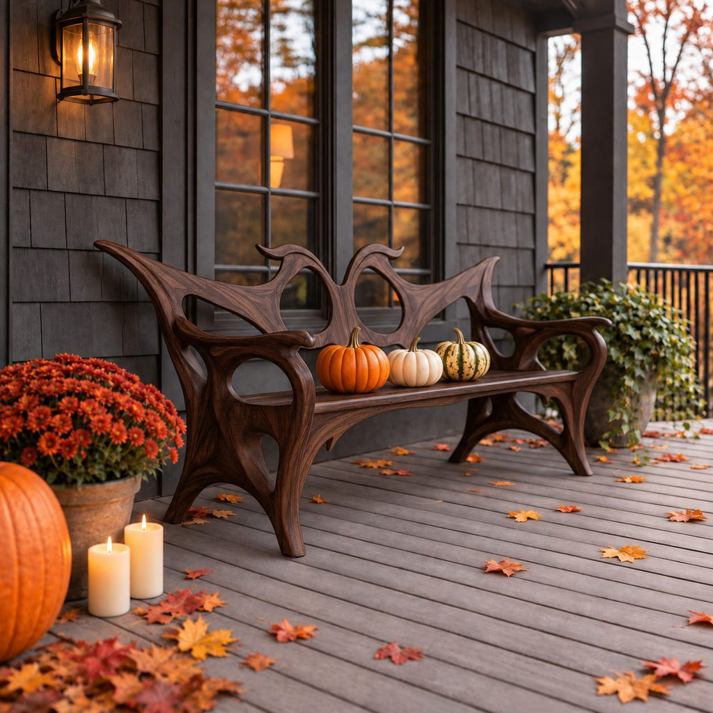 Swept Wing Cutout Back Bench, Sculptural Solid Wood Porch Bench with Flowing Arms and Carved Legs