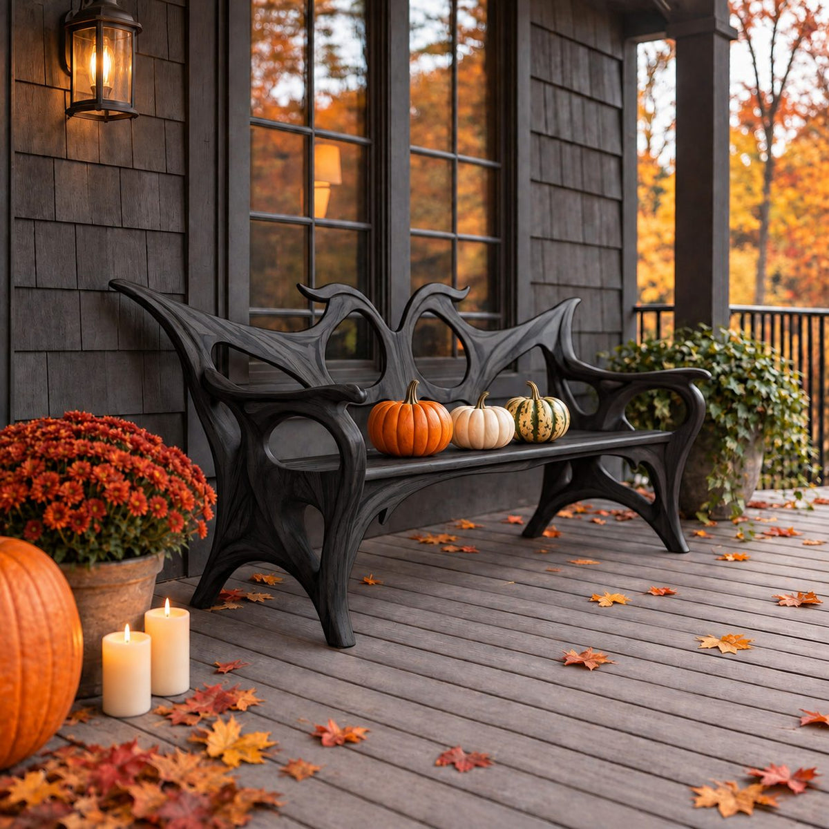 Swept Wing Cutout Back Bench, Sculptural Solid Wood Porch Bench with Flowing Arms and Carved Legs