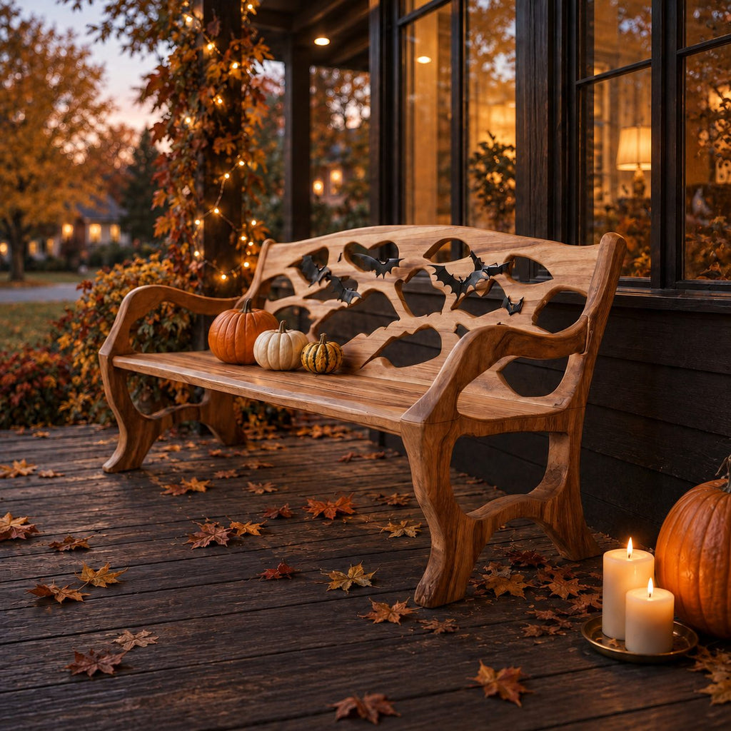 Pierced Panel Backrest Armed Bench, Solid Wood Porch and Patio Bench with Open Curved Arm Frames