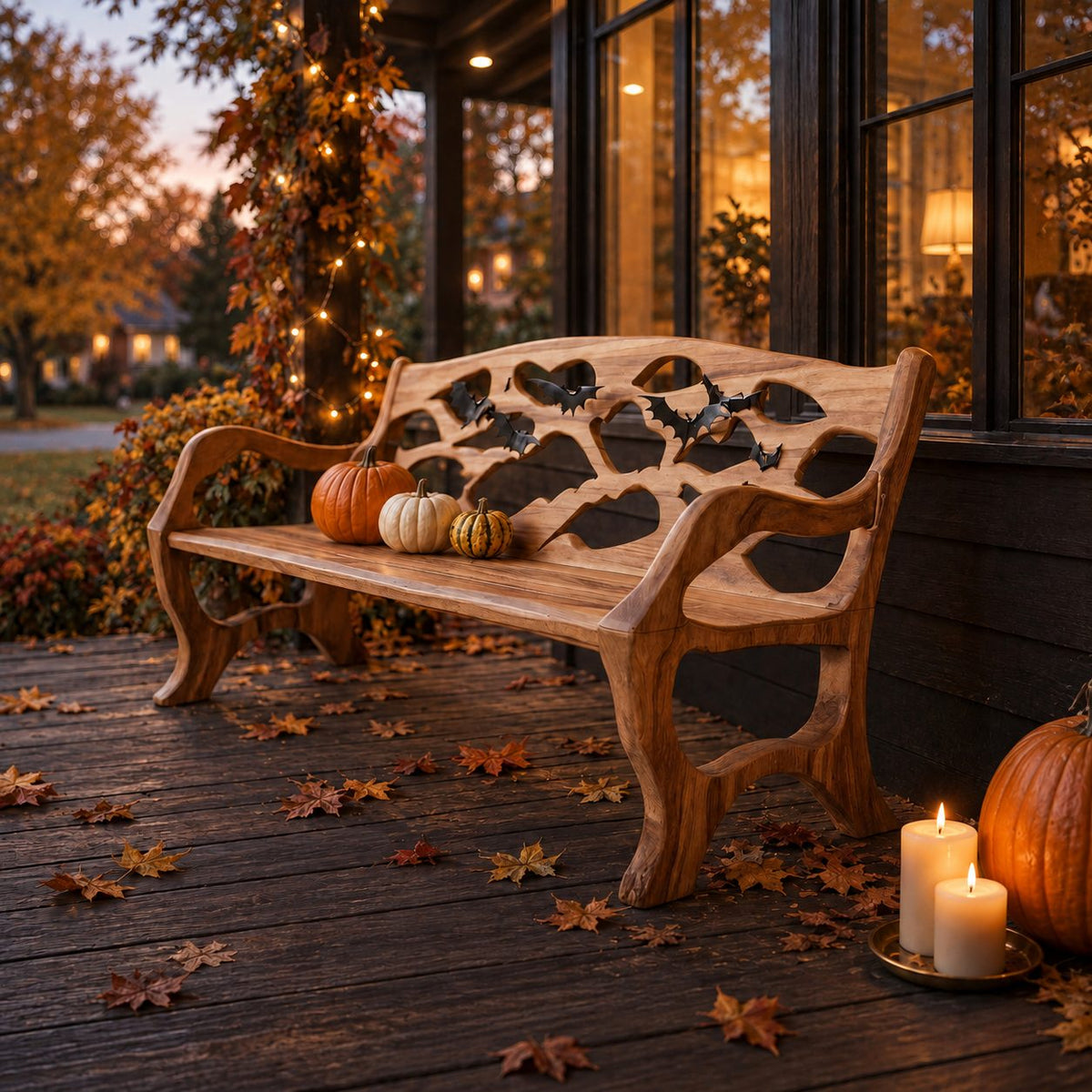 Pierced Panel Backrest Armed Bench, Solid Wood Porch and Patio Bench with Open Curved Arm Frames