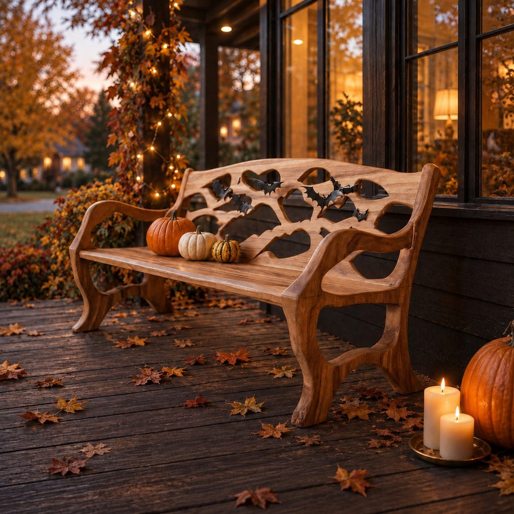 Pierced Panel Backrest Armed Bench, Solid Wood Porch and Patio Bench with Open Curved Arm Frames