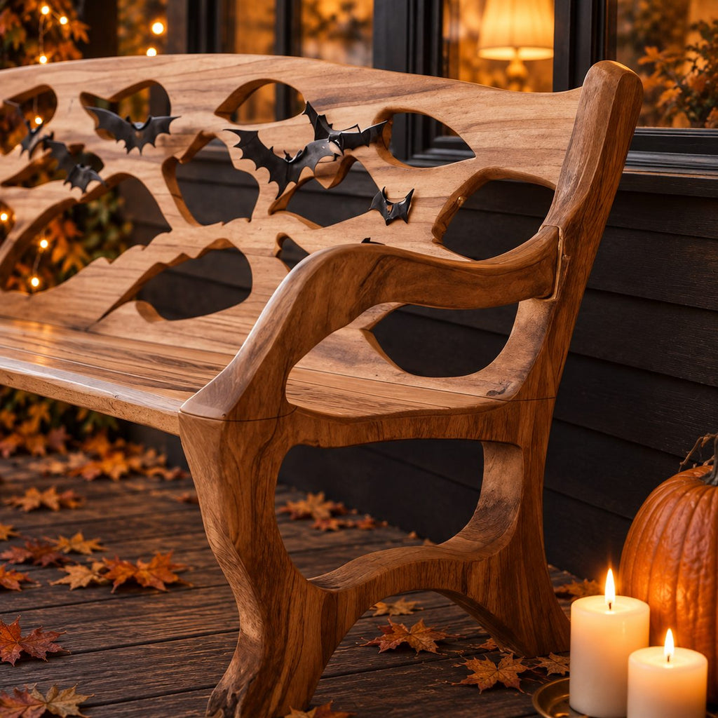 Pierced Panel Backrest Armed Bench, Solid Wood Porch and Patio Bench with Open Curved Arm Frames
