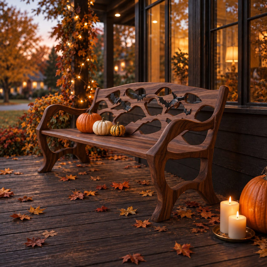 Pierced Panel Backrest Armed Bench, Solid Wood Porch and Patio Bench with Open Curved Arm Frames