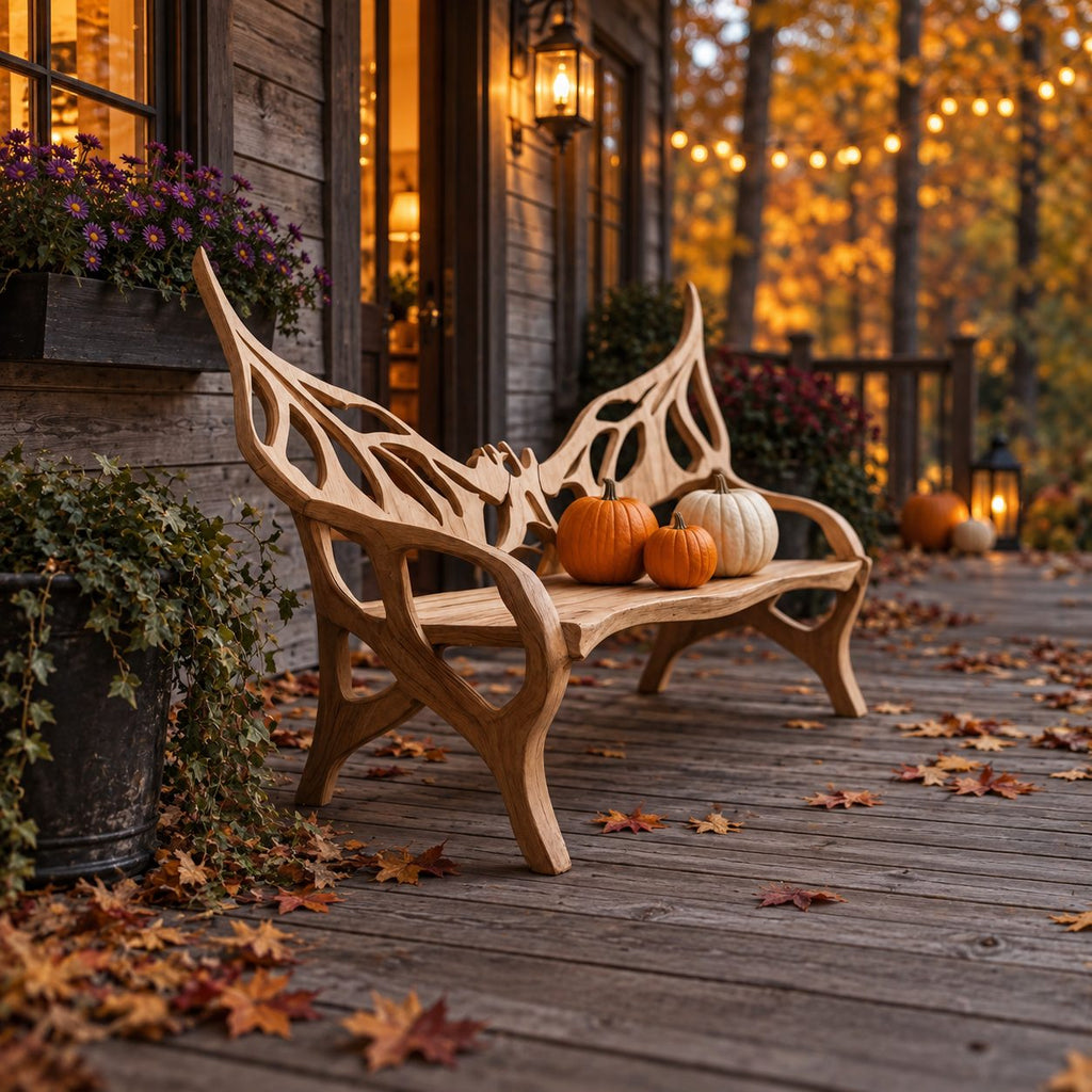 Raised Wing Openwork Bench, Carved Solid Wood Garden Bench with Tall Pointed Backrest and Curved Arms