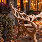 Raised Wing Openwork Bench, Carved Solid Wood Garden Bench with Tall Pointed Backrest and Curved Arms
