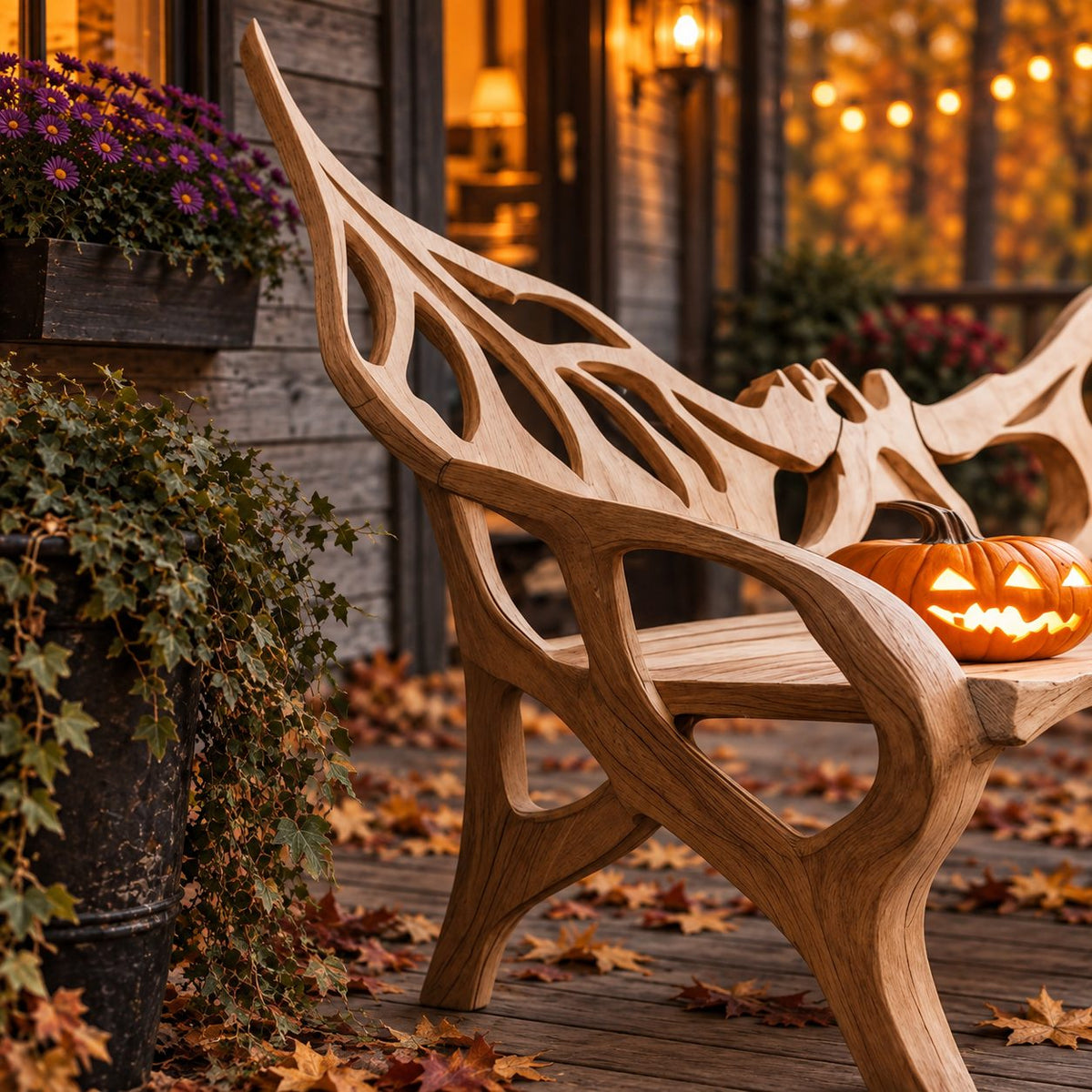 Raised Wing Openwork Bench, Carved Solid Wood Garden Bench with Tall Pointed Backrest and Curved Arms