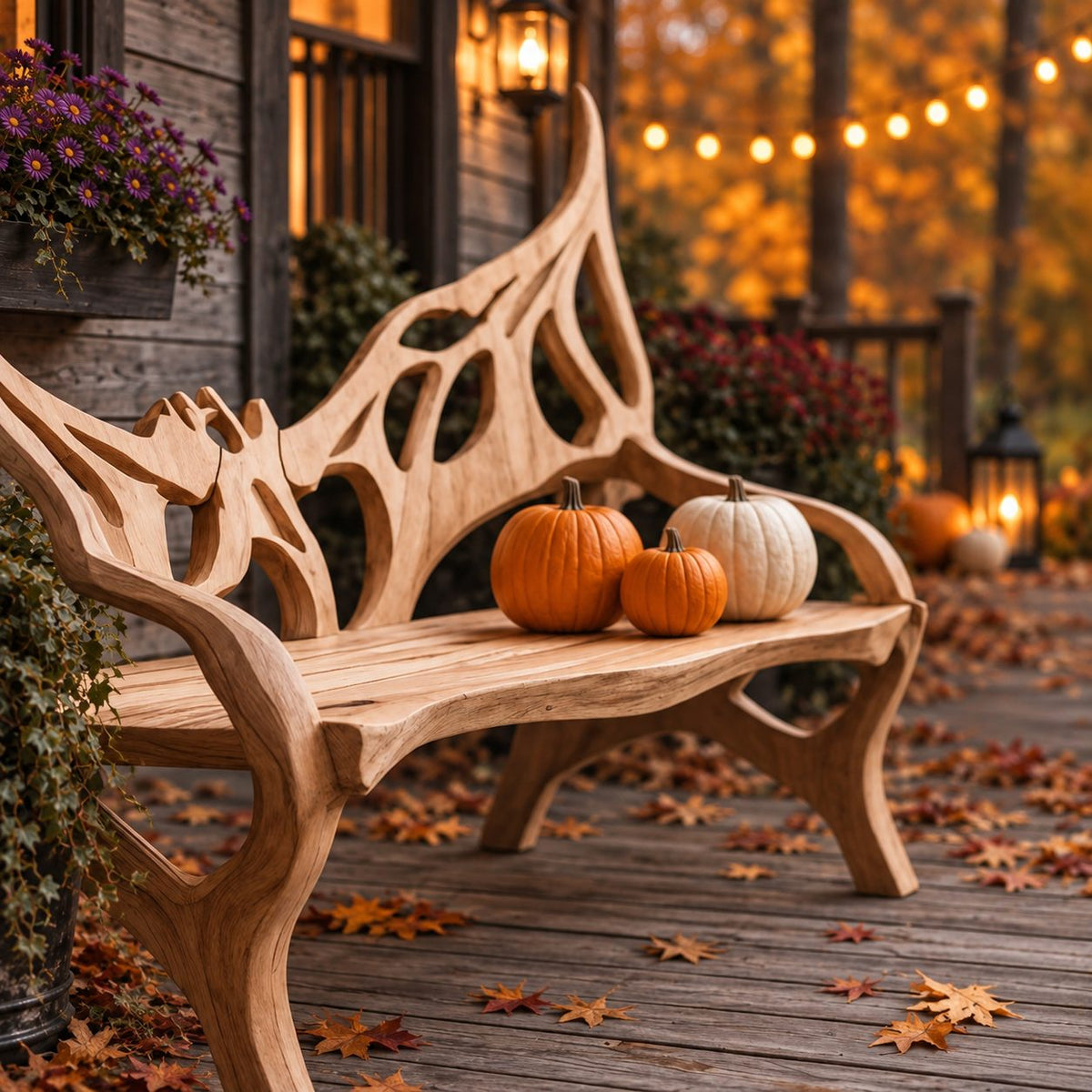 Raised Wing Openwork Bench, Carved Solid Wood Garden Bench with Tall Pointed Backrest and Curved Arms