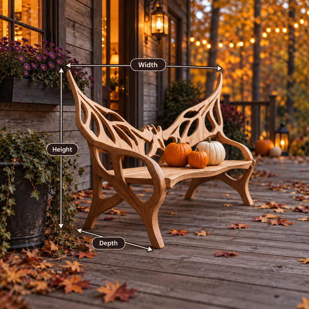 Raised Wing Openwork Bench, Carved Solid Wood Garden Bench with Tall Pointed Backrest and Curved Arms