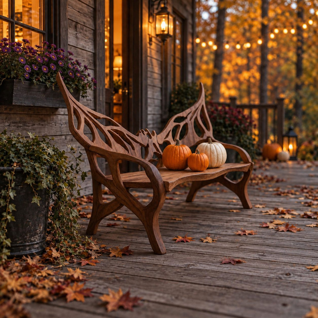 Raised Wing Openwork Bench, Carved Solid Wood Garden Bench with Tall Pointed Backrest and Curved Arms