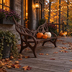 Raised Wing Openwork Bench, Carved Solid Wood Garden Bench with Tall Pointed Backrest and Curved Arms