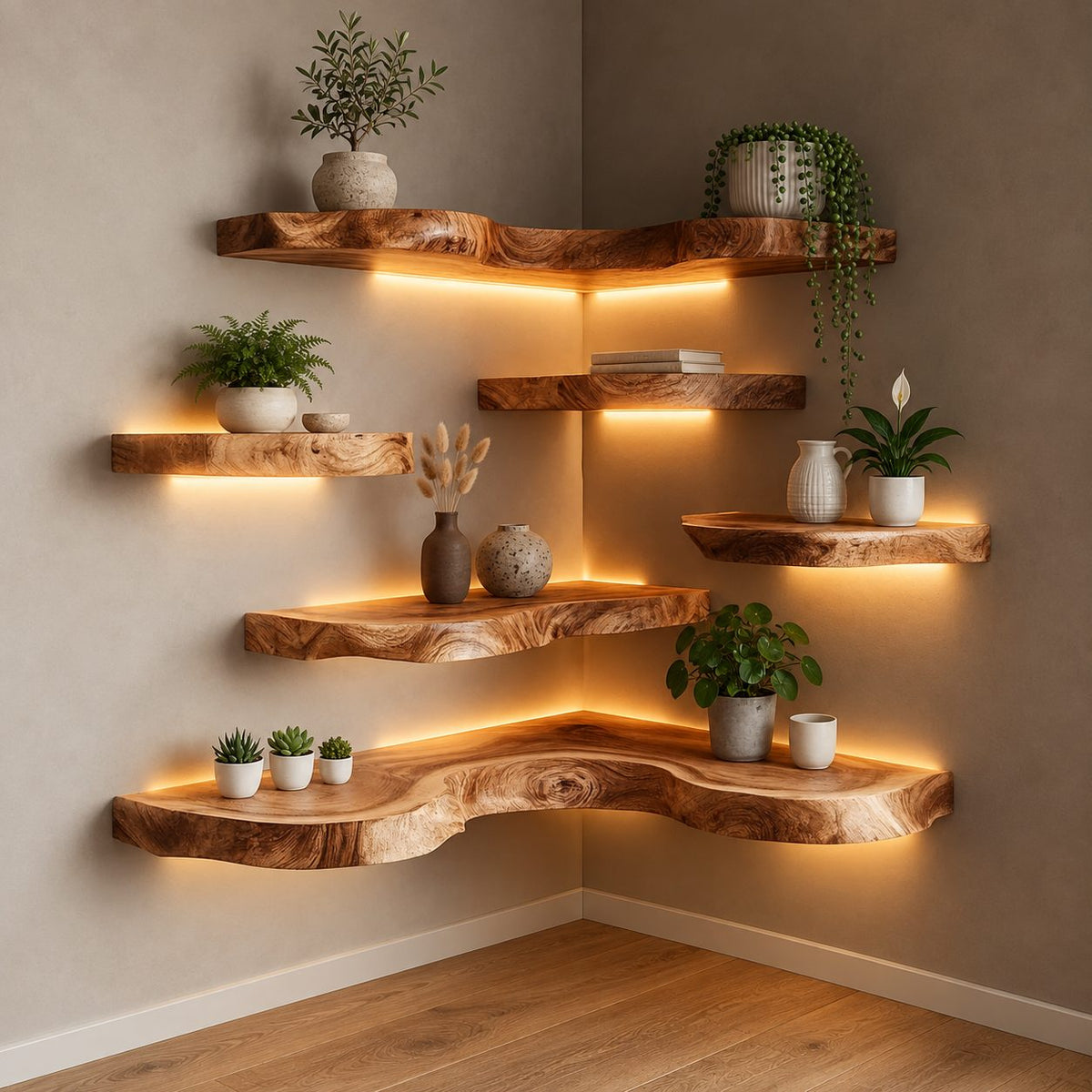 Live Edge Corner Floating Shelf, Thick Wavy Wood Corner Wall Shelf for Plants and Living Room Decor