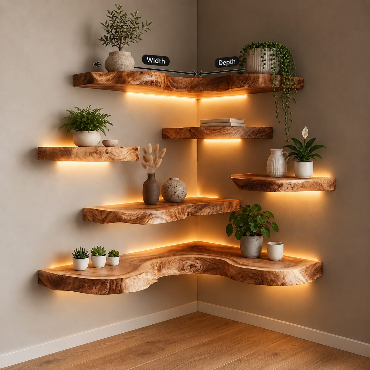 Live Edge Corner Floating Shelf, Thick Wavy Wood Corner Wall Shelf for Plants and Living Room Decor
