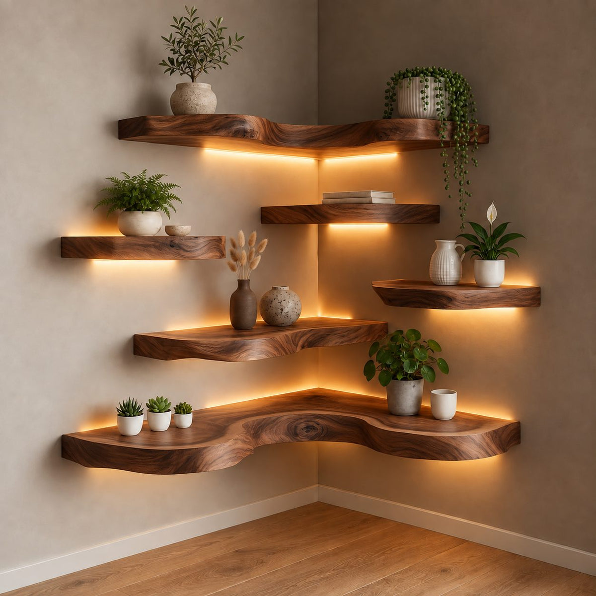 Live Edge Corner Floating Shelf, Thick Wavy Wood Corner Wall Shelf for Plants and Living Room Decor