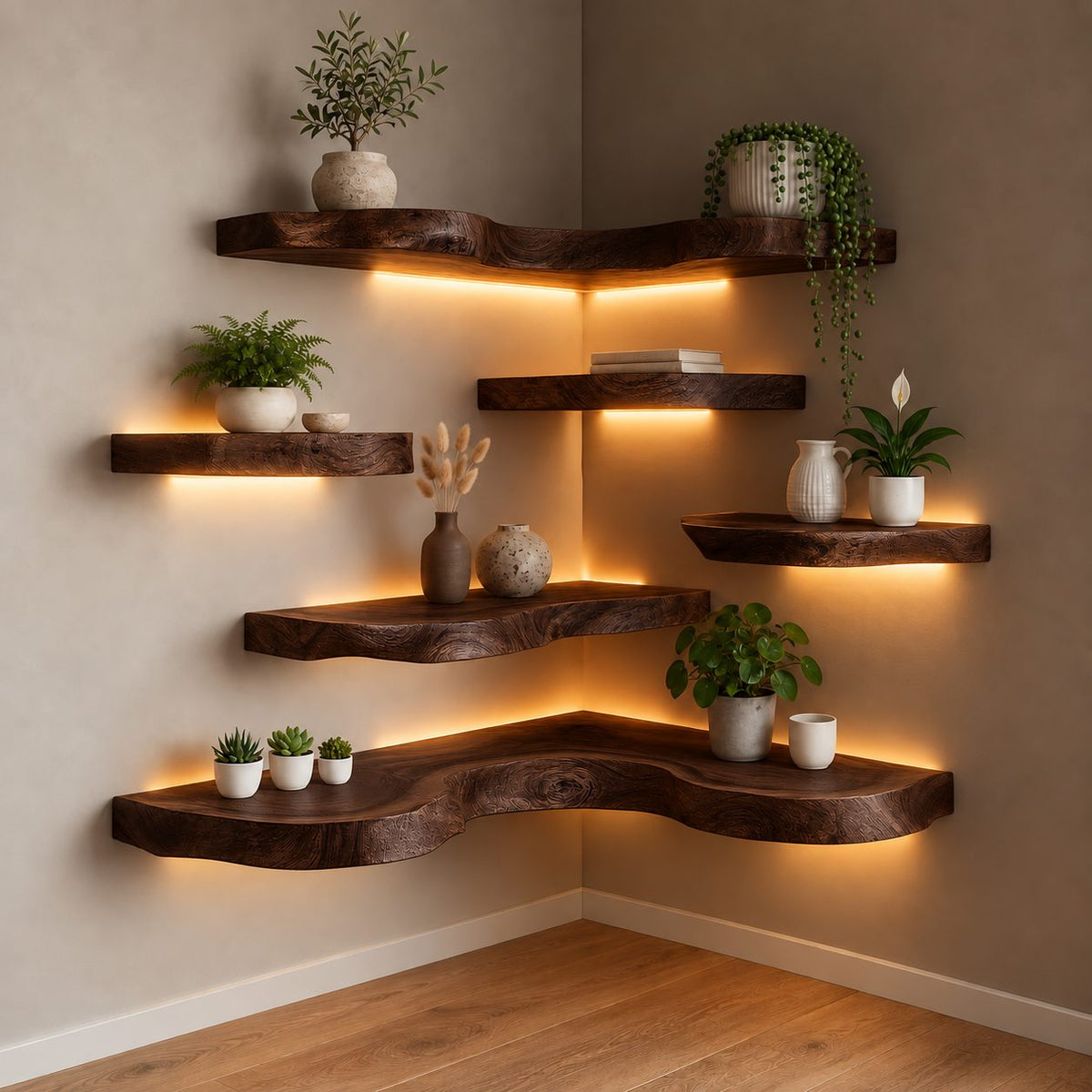 Live Edge Corner Floating Shelf, Thick Wavy Wood Corner Wall Shelf for Plants and Living Room Decor