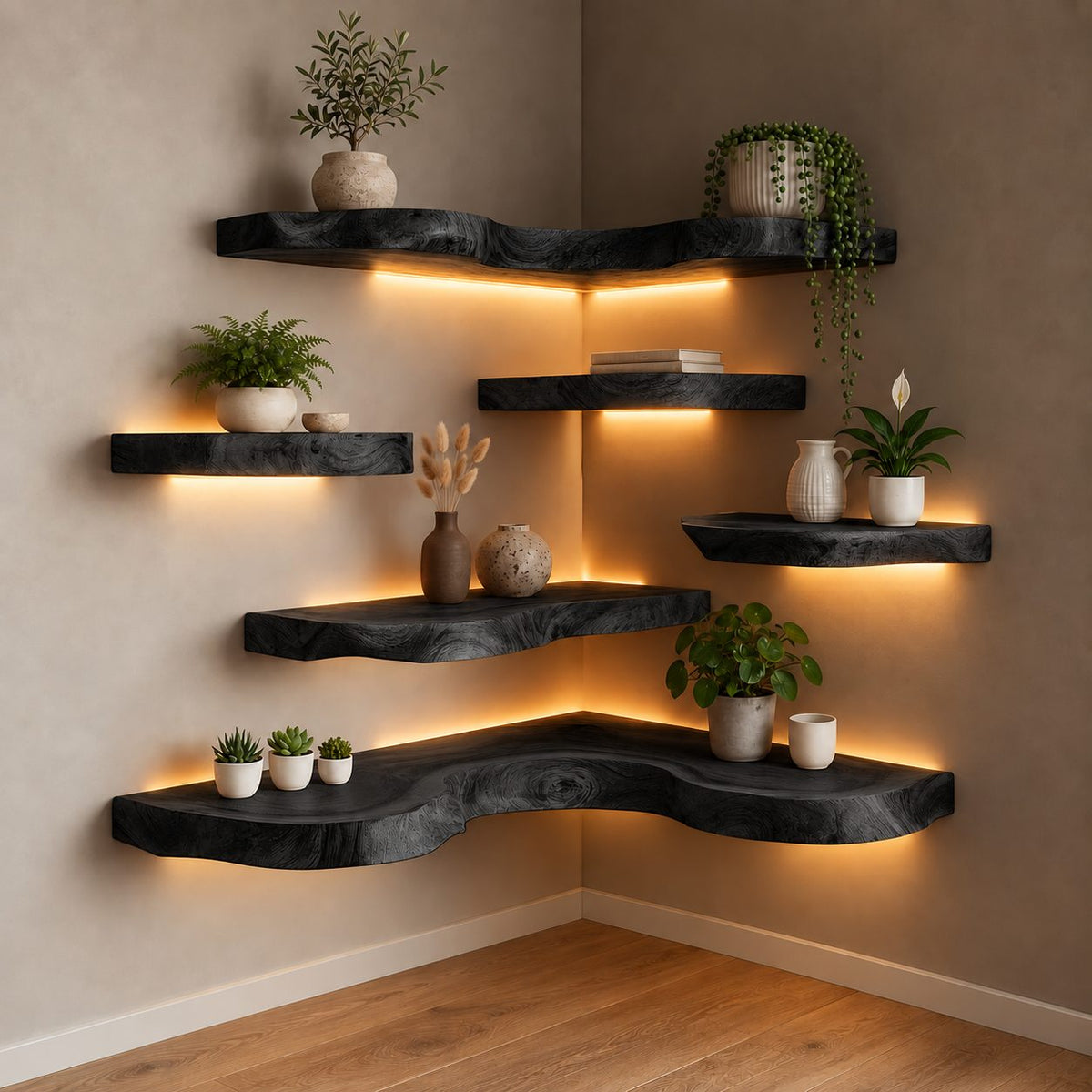 Live Edge Corner Floating Shelf, Thick Wavy Wood Corner Wall Shelf for Plants and Living Room Decor