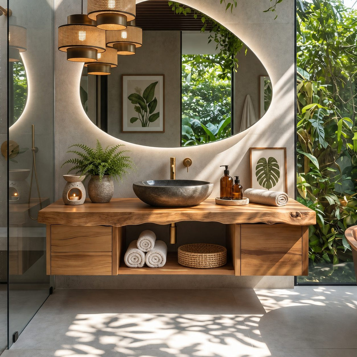 Organic Floating Bathroom Vanity With Live Edge Top And Storage Drawers