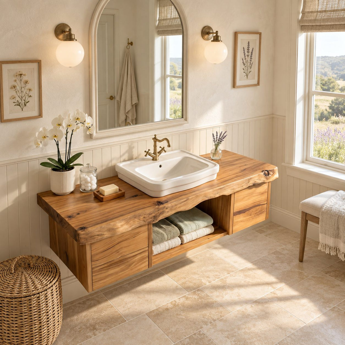 Organic Floating Bathroom Vanity With Live Edge Top And Storage Drawers