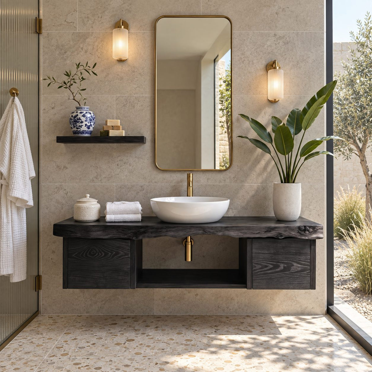 Organic Floating Bathroom Vanity With Live Edge Top And Storage Drawers