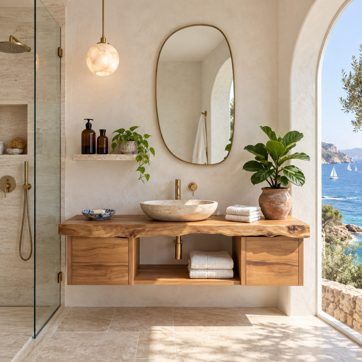 Organic Floating Bathroom Vanity With Live Edge Top And Storage Drawers