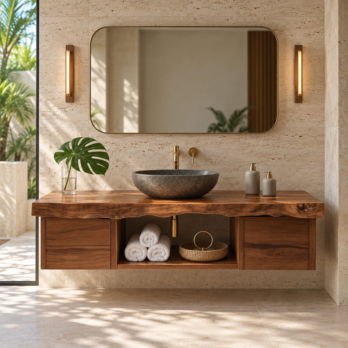 Organic Floating Bathroom Vanity With Live Edge Top And Storage Drawers
