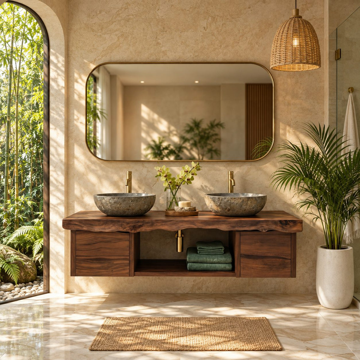 Organic Floating Bathroom Vanity With Live Edge Top And Storage Drawers