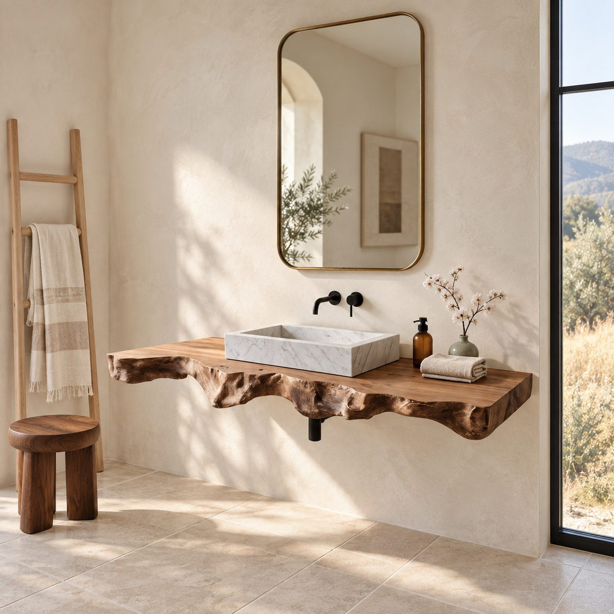 Rustic Root Burl Floating Vanity Slab With Natural Edge For Bathroom
