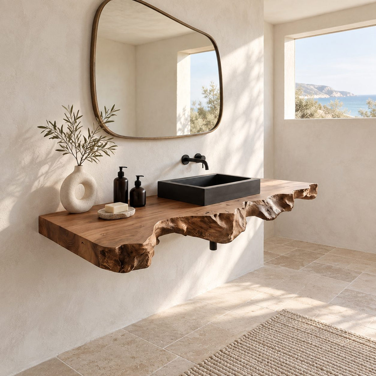 Rustic Root Burl Floating Vanity Slab With Natural Edge For Bathroom