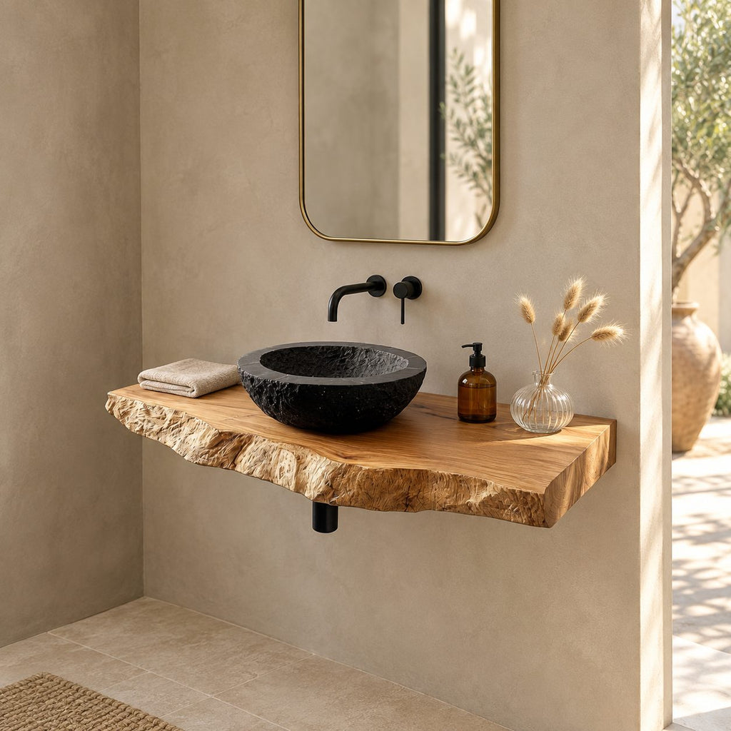 Minimalist Natural Edge Floating Vanity Shelf For Powder Room