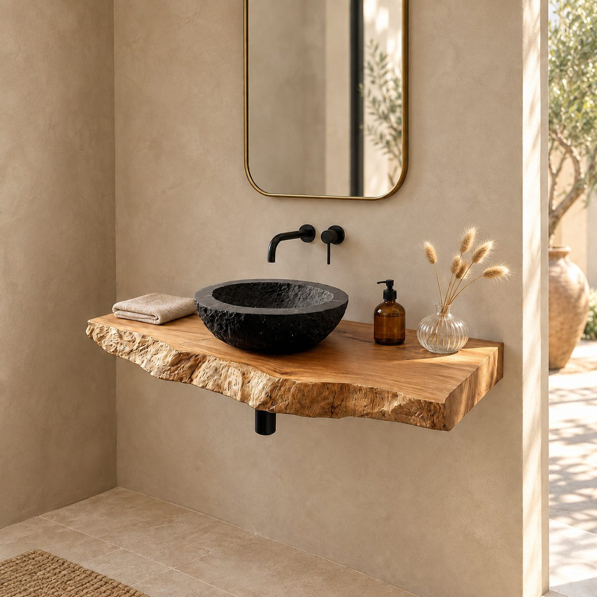 Minimalist Natural Edge Floating Vanity Shelf For Powder Room