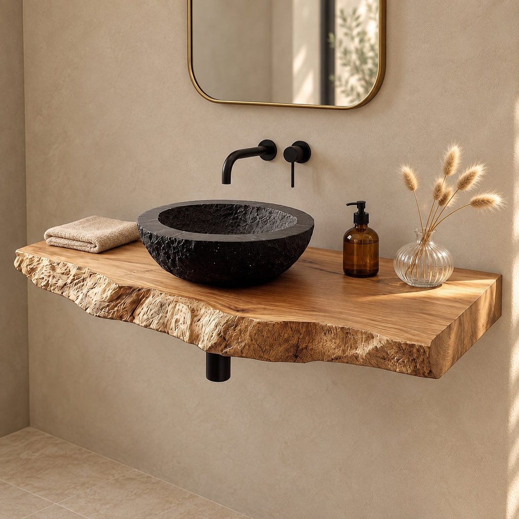 Minimalist Natural Edge Floating Vanity Shelf For Powder Room