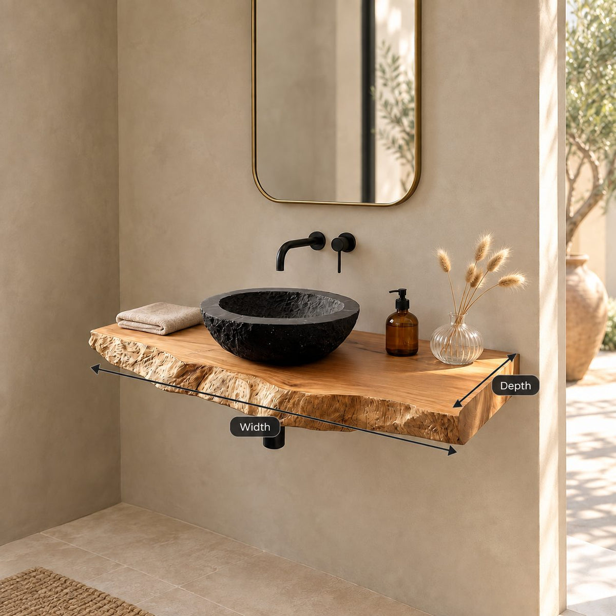 Minimalist Natural Edge Floating Vanity Shelf For Powder Room