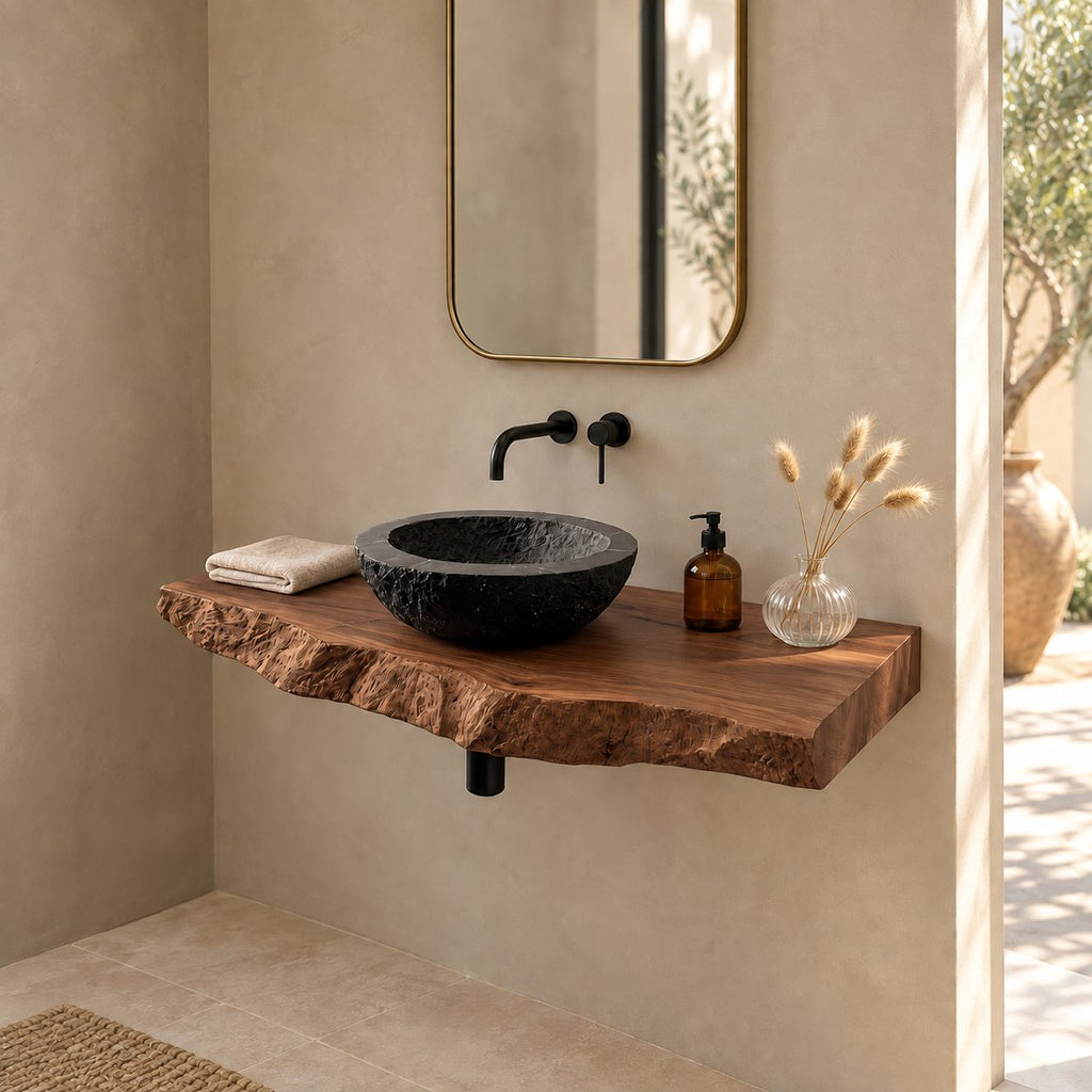 Minimalist Natural Edge Floating Vanity Shelf For Powder Room