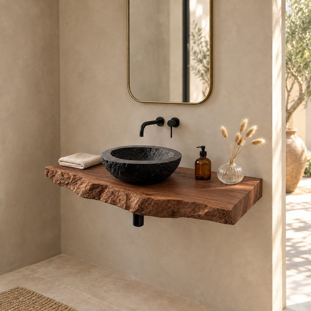 Minimalist Natural Edge Floating Vanity Shelf For Powder Room