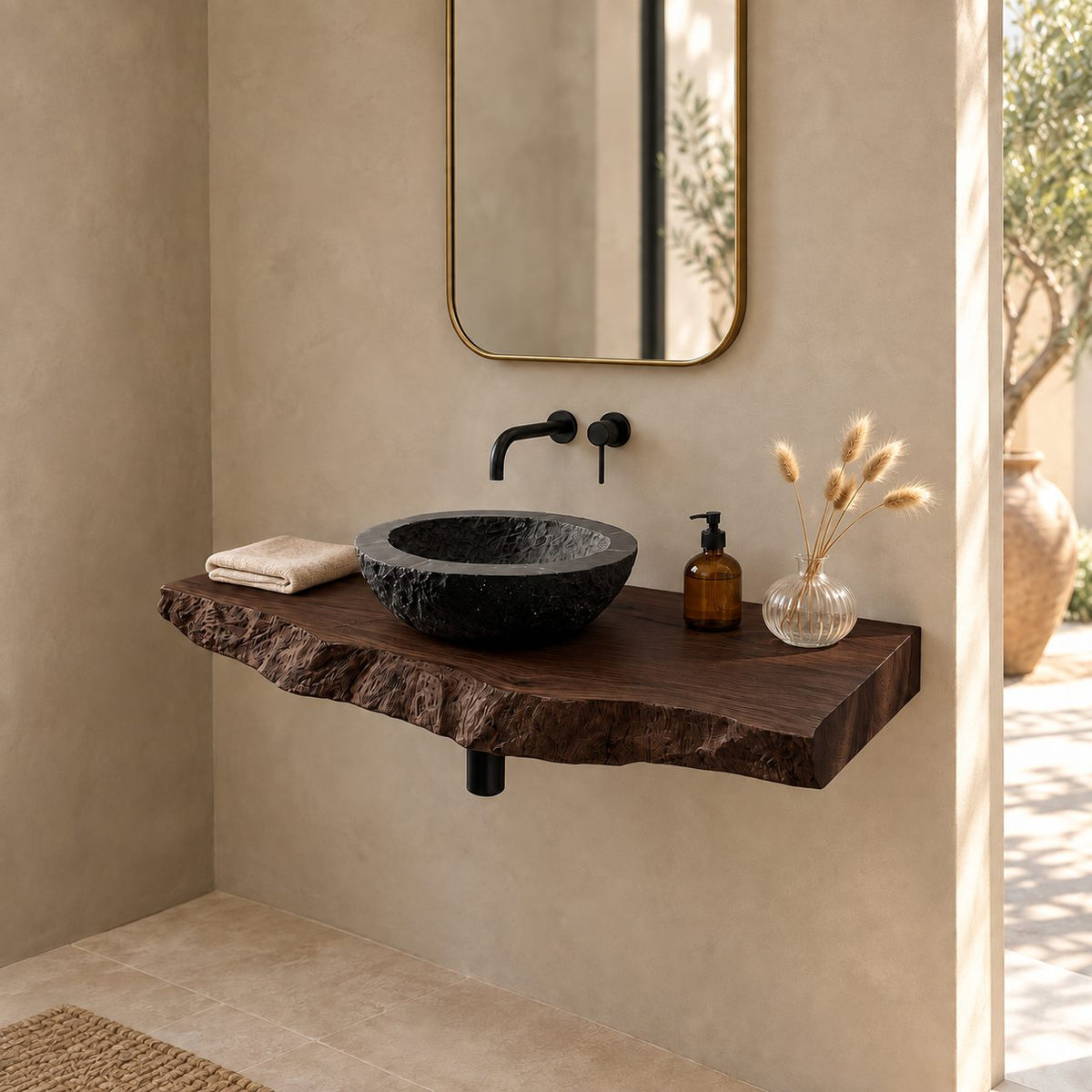 Minimalist Natural Edge Floating Vanity Shelf For Powder Room