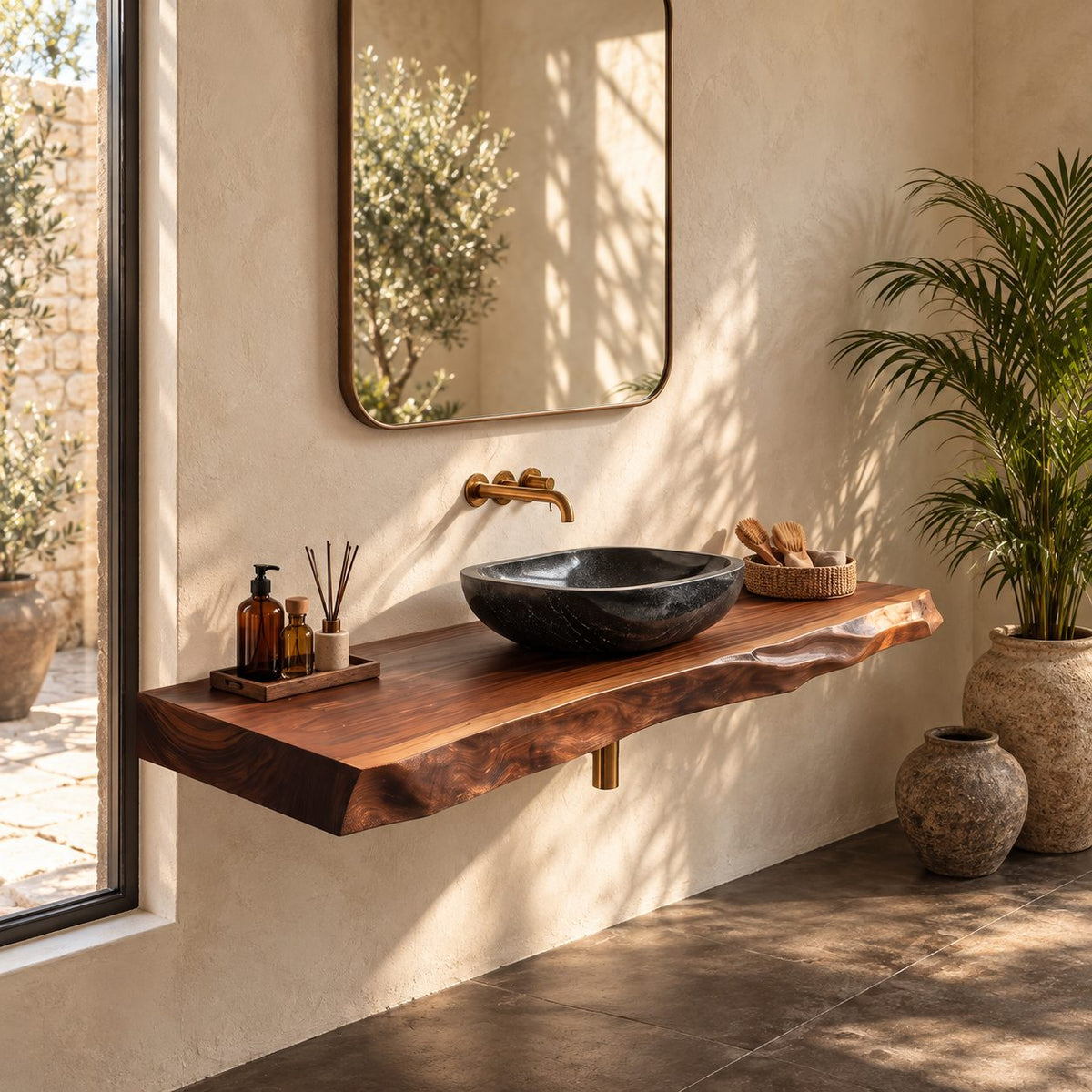 Mid Century Solid Wood Floating Bathroom Vanity Top With Live Edge Front