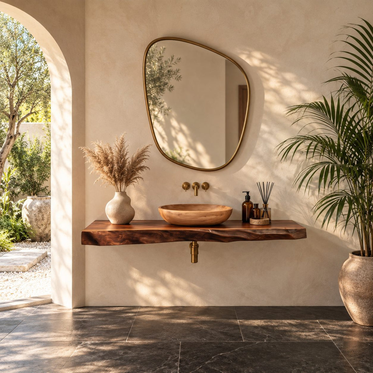 Mid Century Solid Wood Floating Bathroom Vanity Top With Live Edge Front