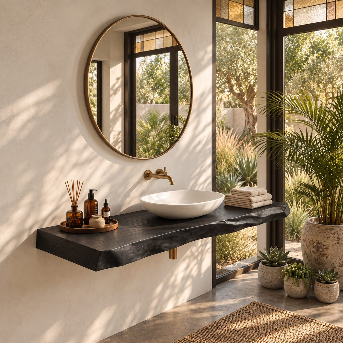 Mid Century Solid Wood Floating Bathroom Vanity Top With Live Edge Front