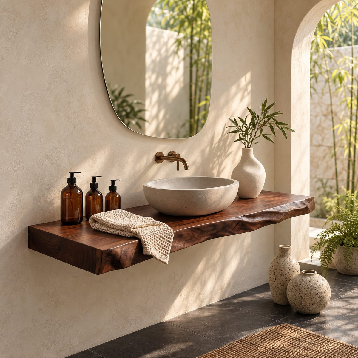 Mid Century Solid Wood Floating Bathroom Vanity Top With Live Edge Front