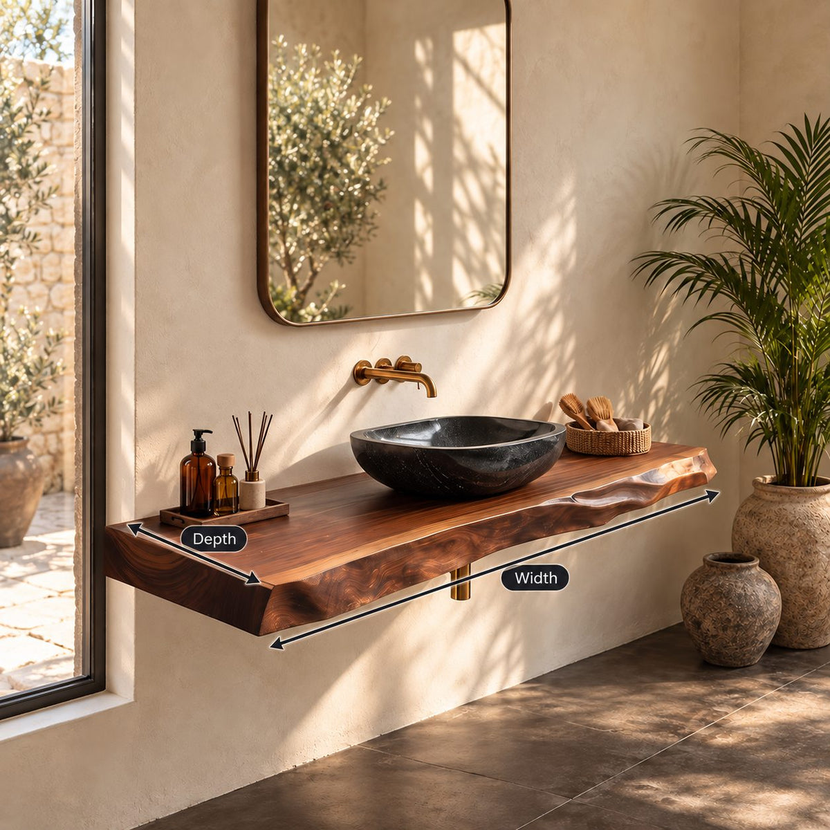 Mid Century Solid Wood Floating Bathroom Vanity Top With Live Edge Front
