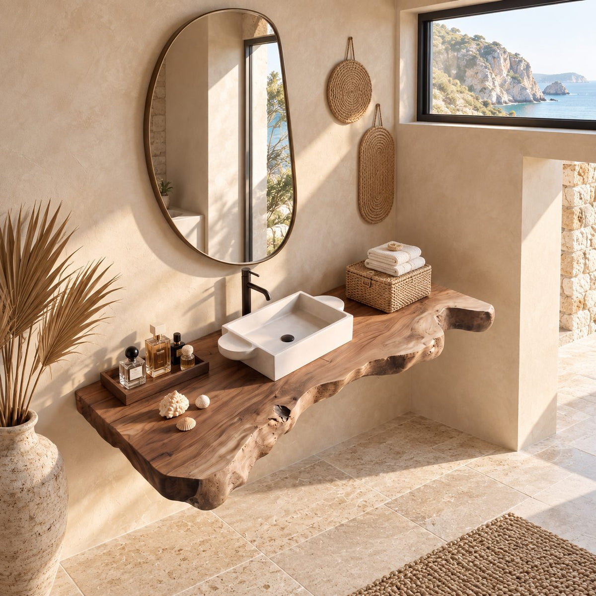 Sculptural Chunky Live Edge Floating Vanity Slab For Spa Bathroom
